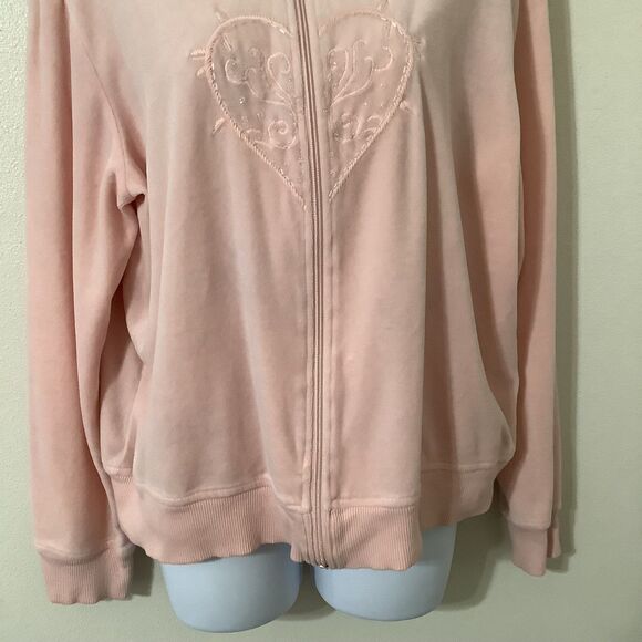 Vintage Y2K Pastel Pink Velour Coquette McBling Beaded Heart Zip Up Jacket XL - Picture 3 of 9